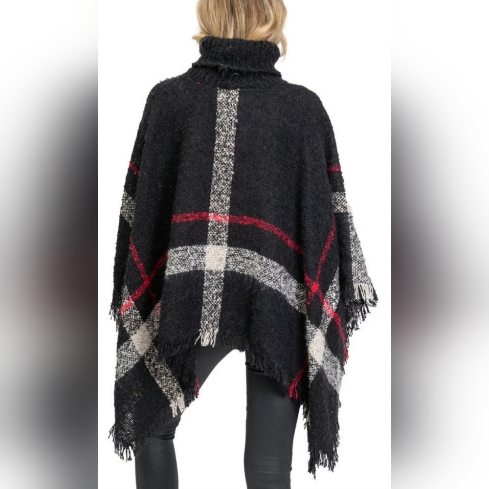 A.Byer Women's 100%acrylic One Size Sweater Ponchos Plaid Black/White/Red - Picture 5 of 16